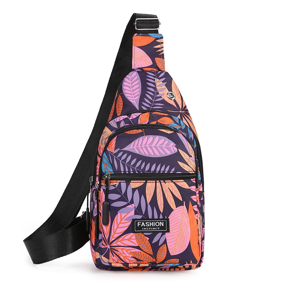 Colorful Leaf Printed Sling Crossbody Bag Stylish Nylon Chest Bag For Women With Adjustable Shoulde 5