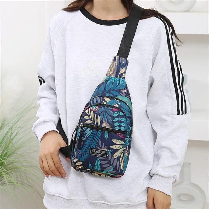 Colorful Leaf Printed Sling Crossbody Bag Stylish Nylon Chest Bag For Women With Adjustable Shoulde 4