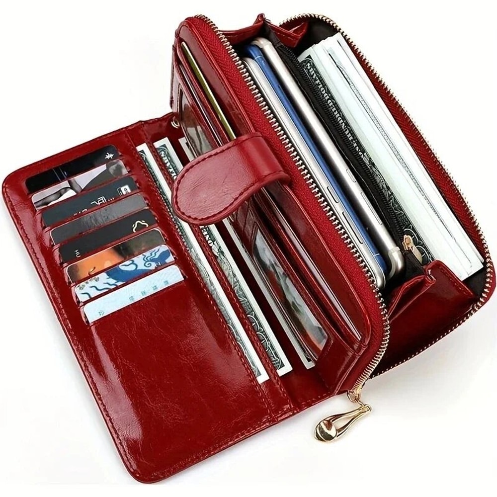 Vintage Oil Wax PU Leather Clutch Wallet Large Capacity Womens Phone Purse With Wristband 0