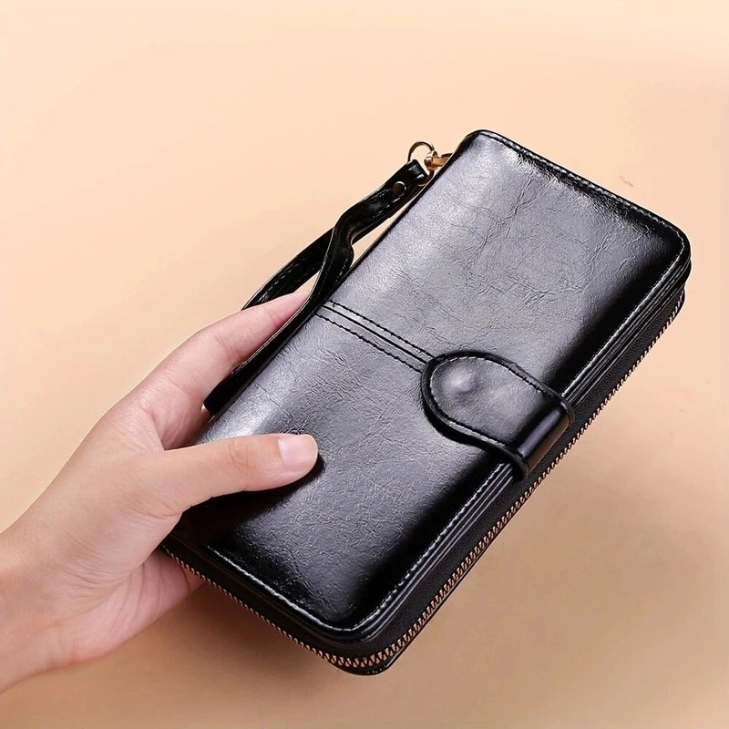 Vintage Oil Wax PU Leather Clutch Wallet Large Capacity Womens Phone Purse With Wristband 3