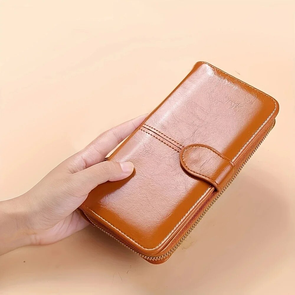 Vintage Oil Wax PU Leather Clutch Wallet Large Capacity Womens Phone Purse With Wristband 4