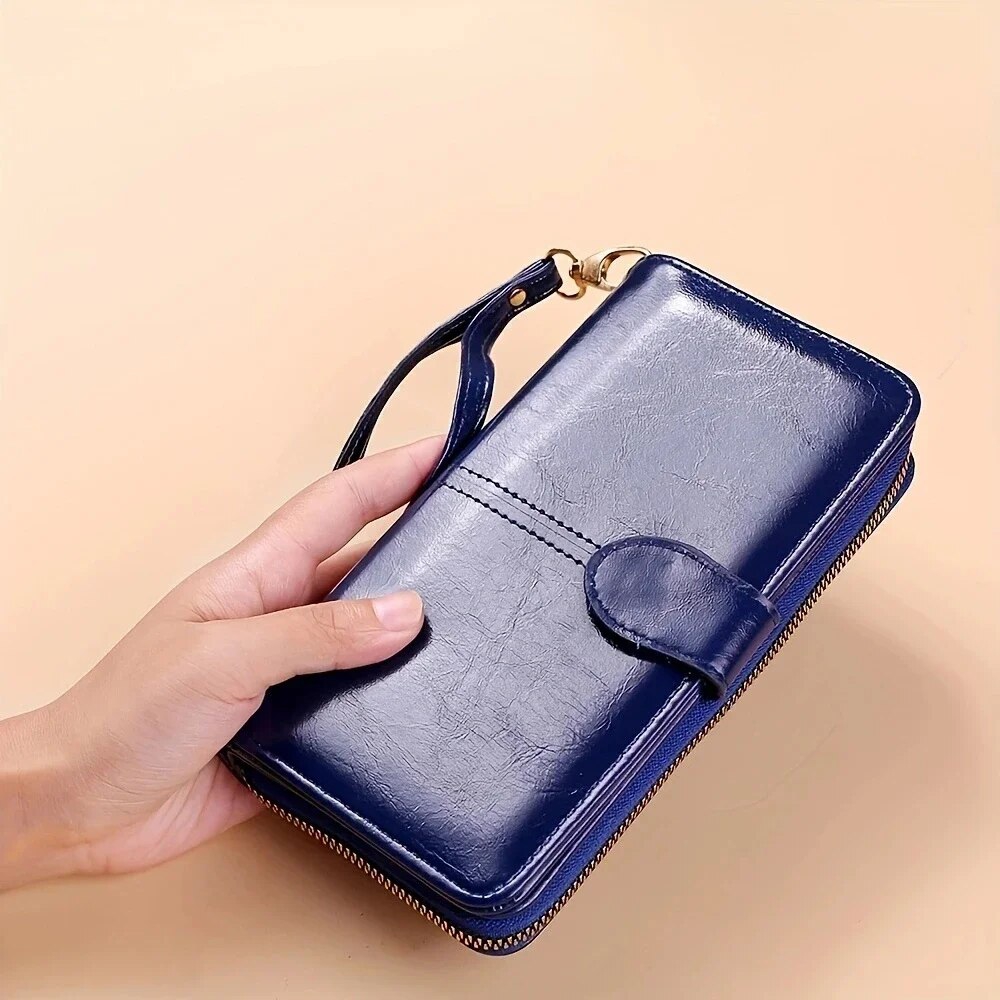 Vintage Oil Wax PU Leather Clutch Wallet Large Capacity Womens Phone Purse With Wristband 5