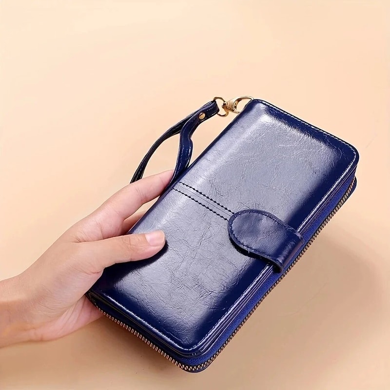 Vintage Oil Wax PU Leather Clutch Wallet Large Capacity Womens Phone Purse With Wristband 5