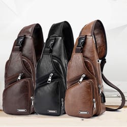 fashionable usb charging chest bag casual shoulder bag for men pu leather outdoor sports