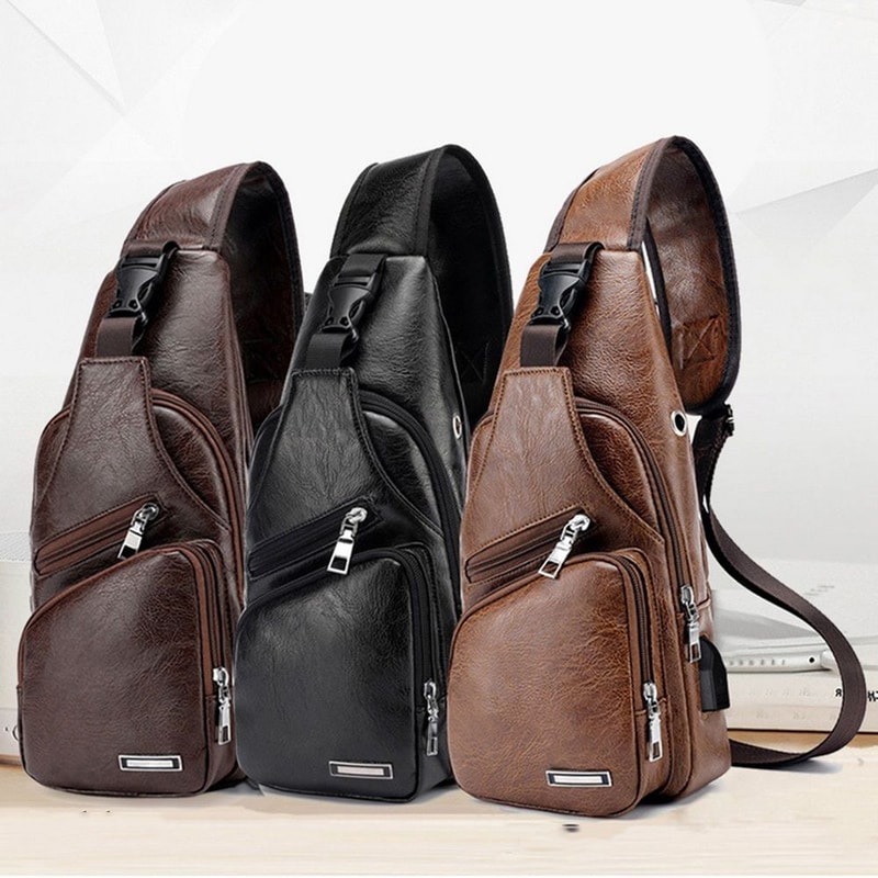 Fashionable USB Charging Chest Bag Casual Shoulder Bag For Men PU Leather Outdoor Sports 0
