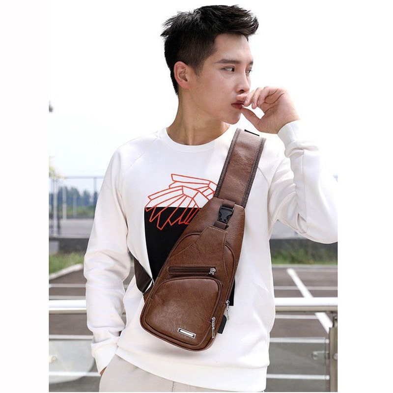 Fashionable USB Charging Chest Bag Casual Shoulder Bag For Men PU Leather Outdoor Sports 1