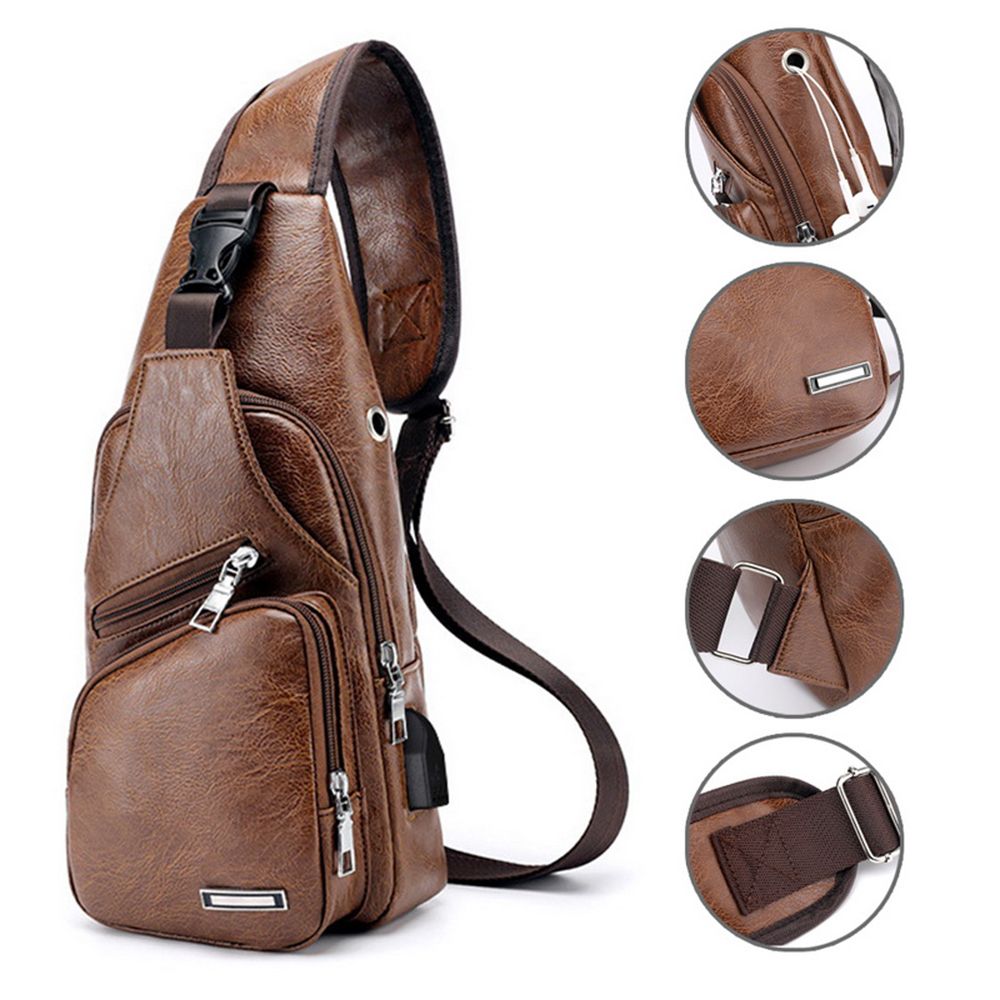 Fashionable USB Charging Chest Bag Casual Shoulder Bag For Men PU Leather Outdoor Sports 3