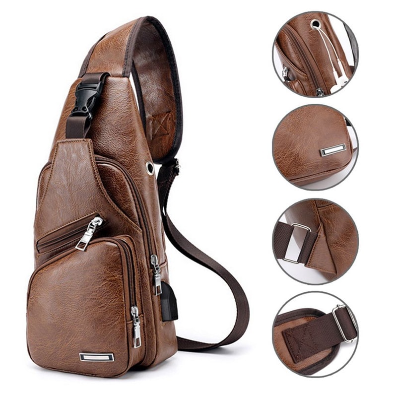Fashionable USB Charging Chest Bag Casual Shoulder Bag For Men PU Leather Outdoor Sports 3