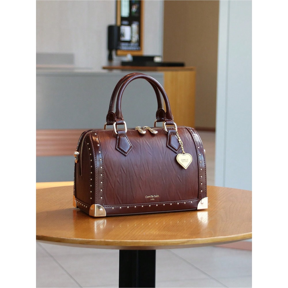 Fashionable Vintage Rivet BoxShaped Handbag For Women Personalized Street Style Boston Bag 1