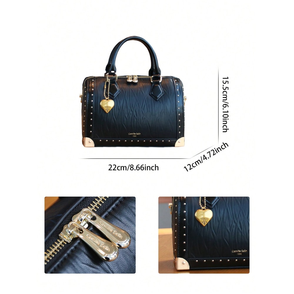 Fashionable Vintage Rivet BoxShaped Handbag For Women Personalized Street Style Boston Bag 3