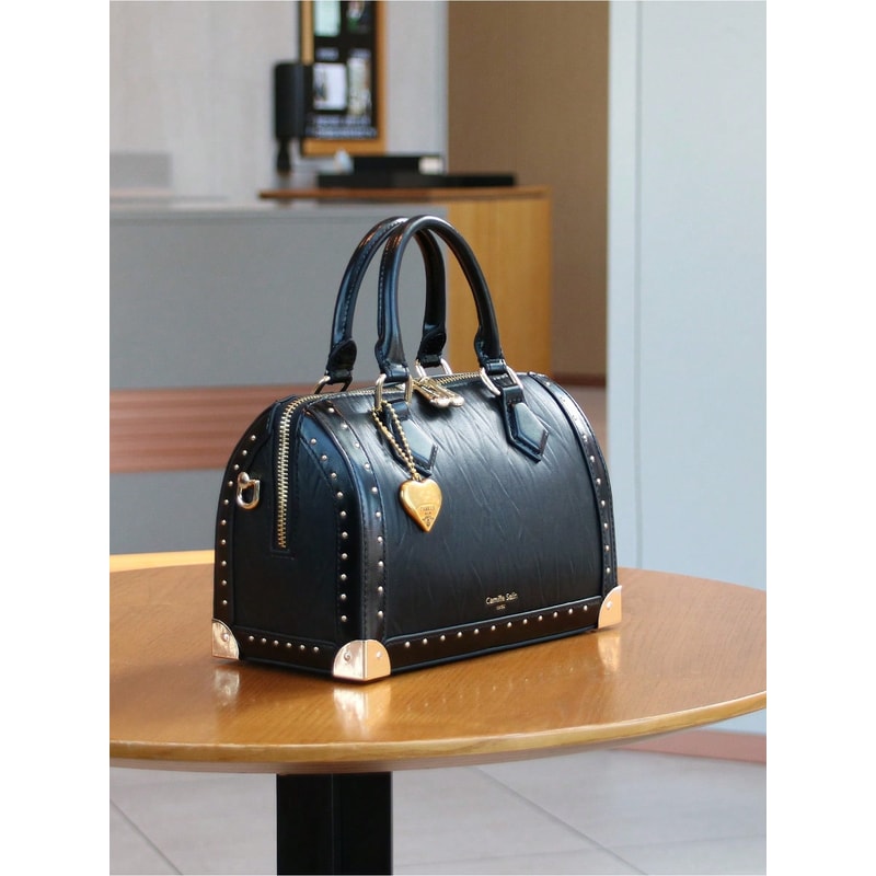 Fashionable Vintage Rivet BoxShaped Handbag For Women Personalized Street Style Boston Bag 5