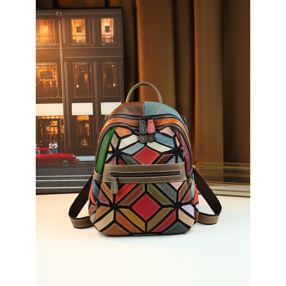 Stylish Geometric Stitching Leather Backpack for Travel Large Capacity Vibrant and Functional