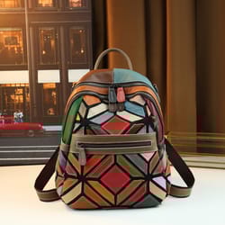 stylish geometric stitching leather backpack for travel large capacity vibrant and functional