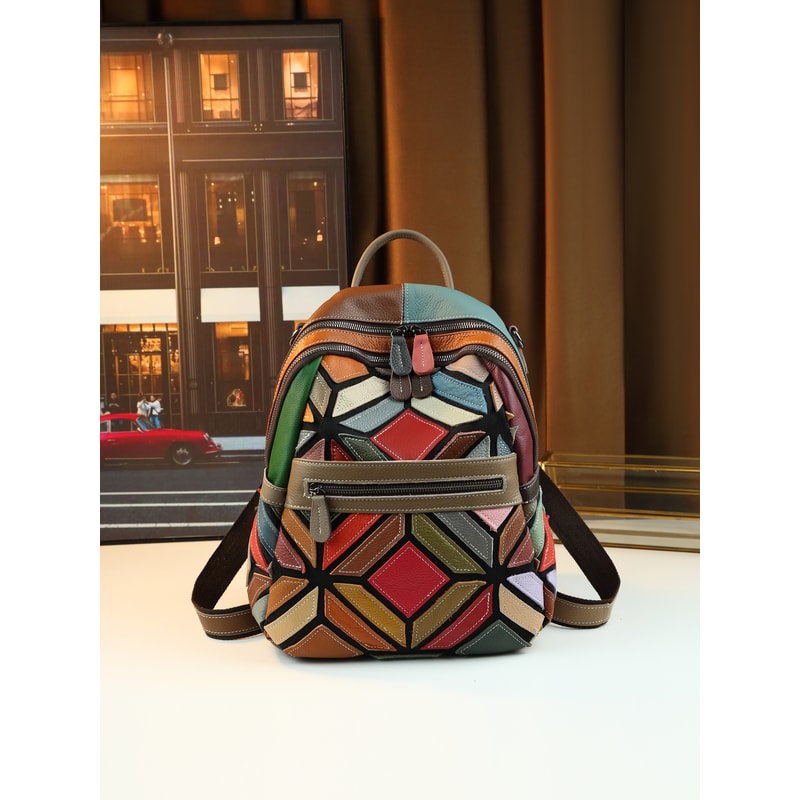Stylish Geometric Stitching Leather Backpack for Travel Large Capacity Vibrant and Functional