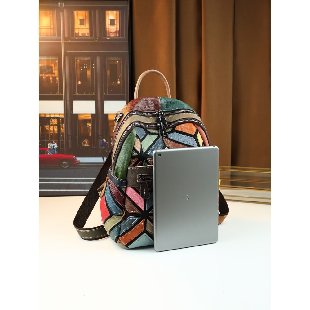 Stylish Geometric Stitching Leather Backpack for Travel Large Capacity Vibrant and Functional