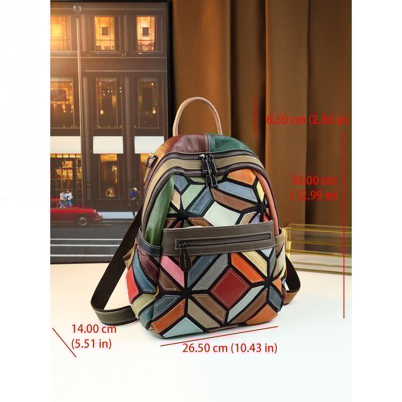 Stylish Geometric Stitching Leather Backpack for Travel Large Capacity Vibrant and Functional