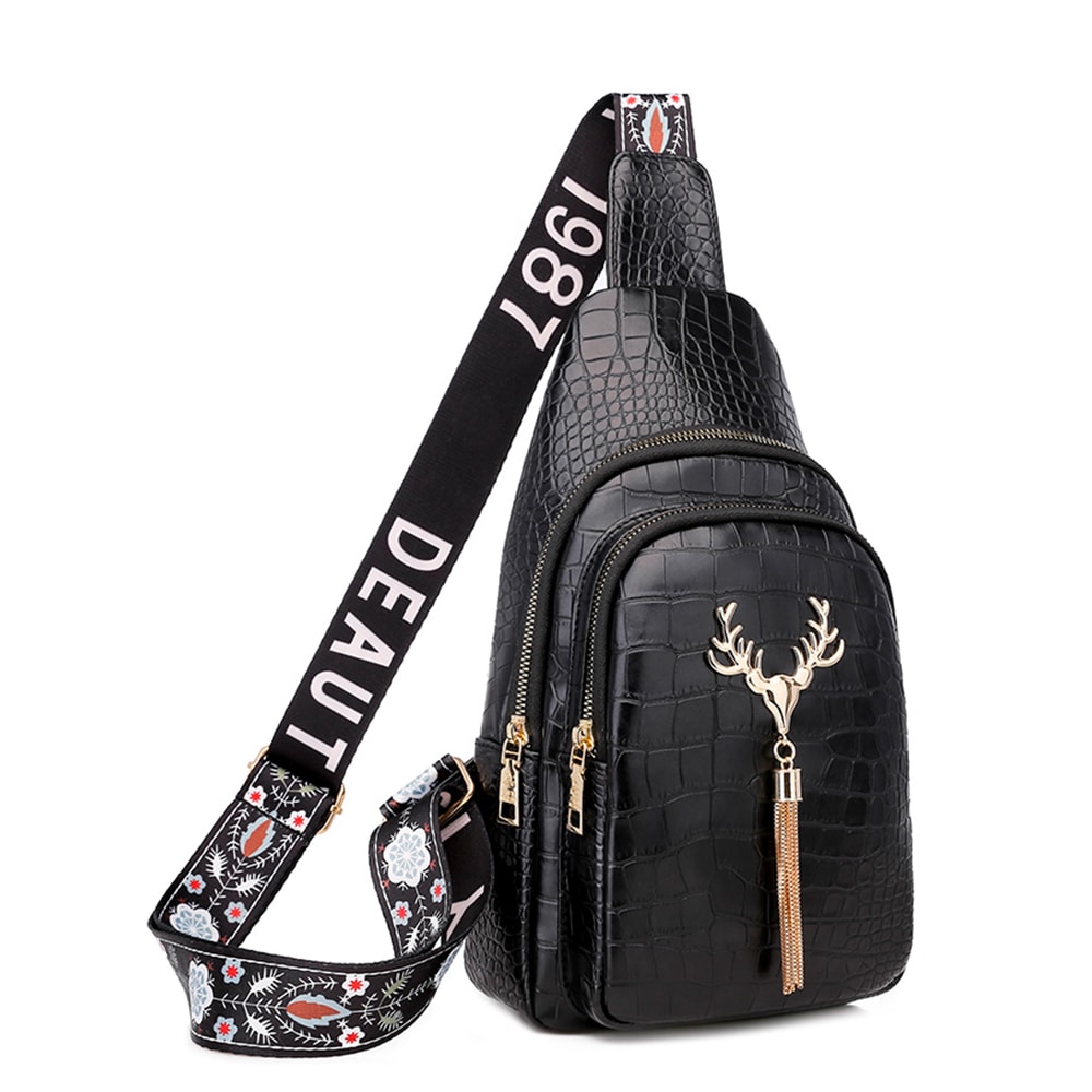 Sleek Womens PU Leather Chest Bag Alligator Patterned Sling Crossbody Shoulder Bag