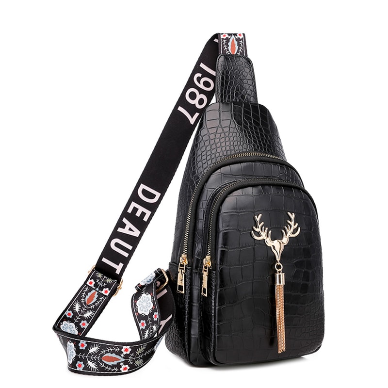 Sleek Womens PU Leather Chest Bag Alligator Patterned Sling Crossbody Shoulder Bag