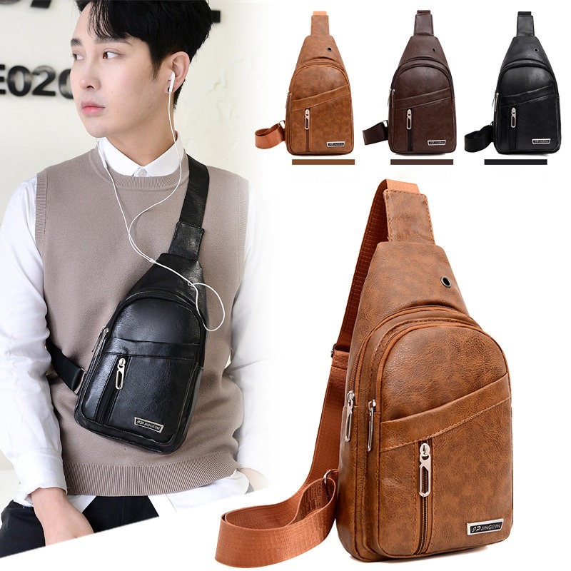 Stylish PU Leather Chest Bag For Men Casual Travel Crossbody Sling Messenger Shoulder Bag 0