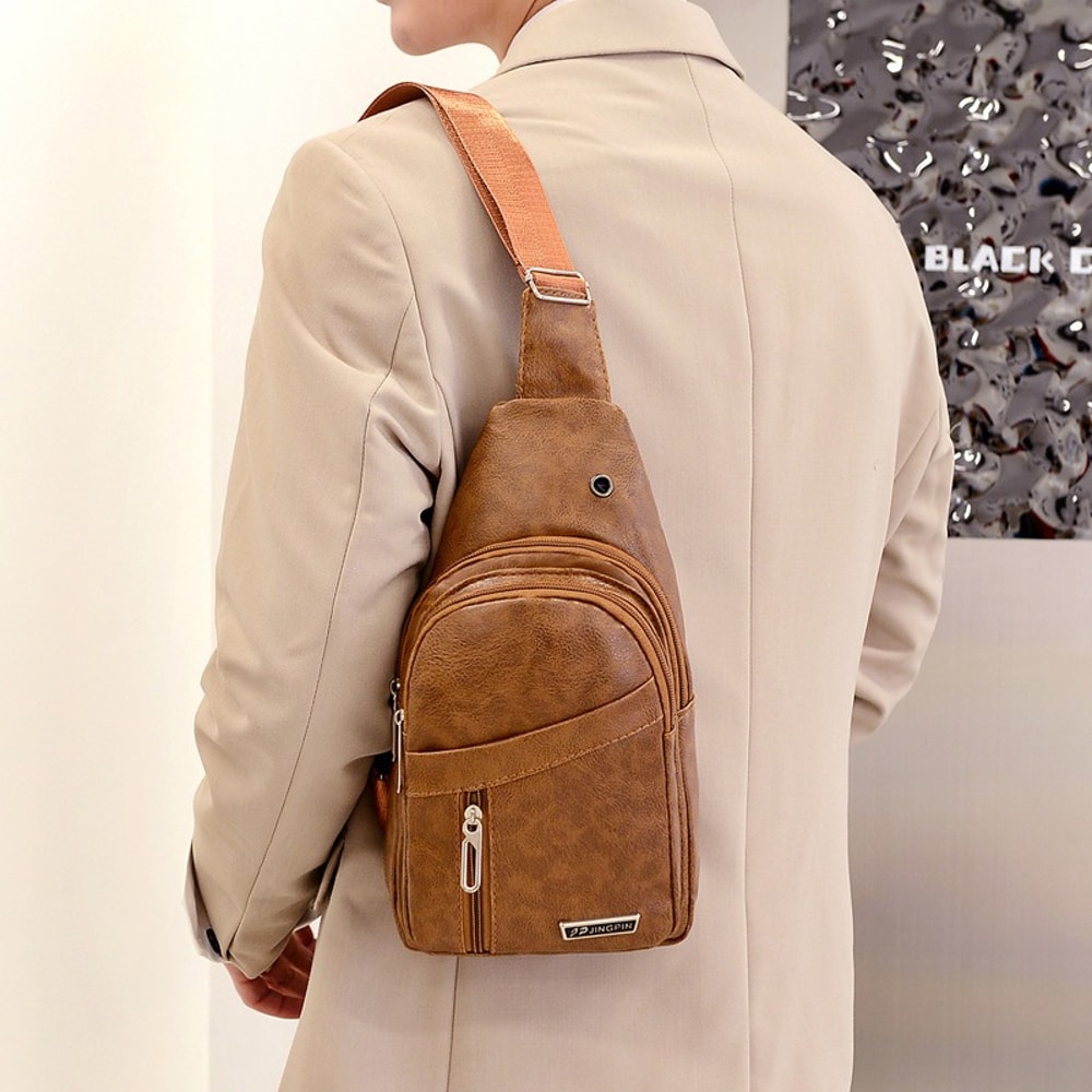 Stylish PU Leather Chest Bag For Men Casual Travel Crossbody Sling Messenger Shoulder Bag 1