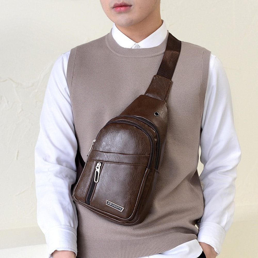 Stylish PU Leather Chest Bag For Men Casual Travel Crossbody Sling Messenger Shoulder Bag 2
