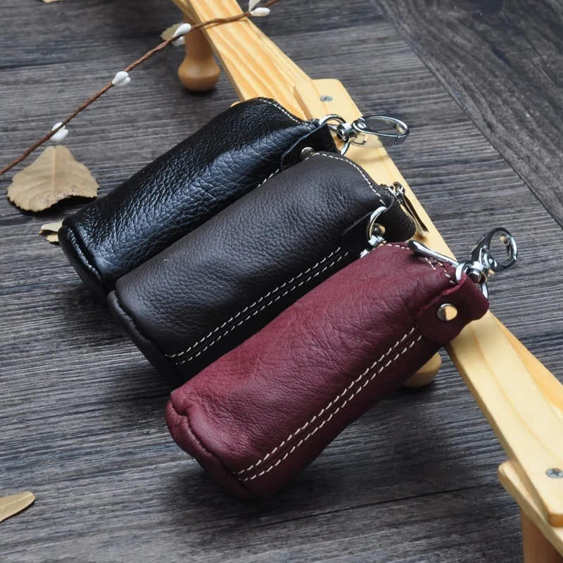 Mens Genuine Cow Leather Key Pouch Zipper Keychain Case For Car Home Keys Stylish Key Holder For M 3