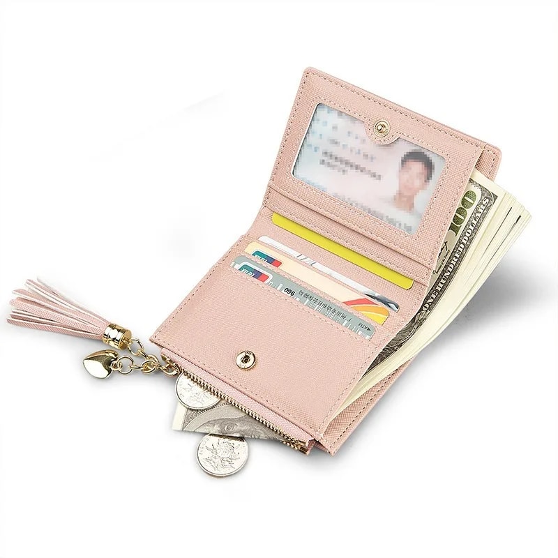 Fashion Womens RFID Wallet With Tassel Stylish Mini Zipper Coin Purse Small Leather Card Holder For 4