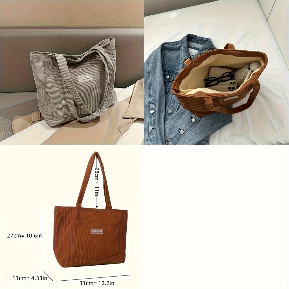 Large Capacity Corduroy Tote Bag Trendy Solid Color Shoulder Handbag with Front Pocket for Women