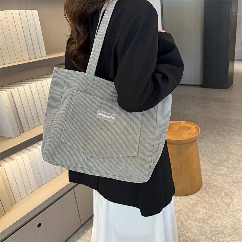 Large Capacity Corduroy Tote Bag Trendy Solid Color Shoulder Handbag with Front Pocket for Women