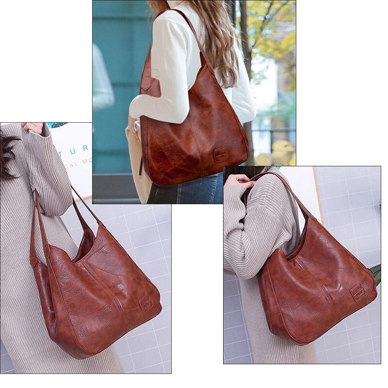 Vintage Leather Shoulder Bag Spacious Marble Grain Handbag for Daily Commuter & Shopping