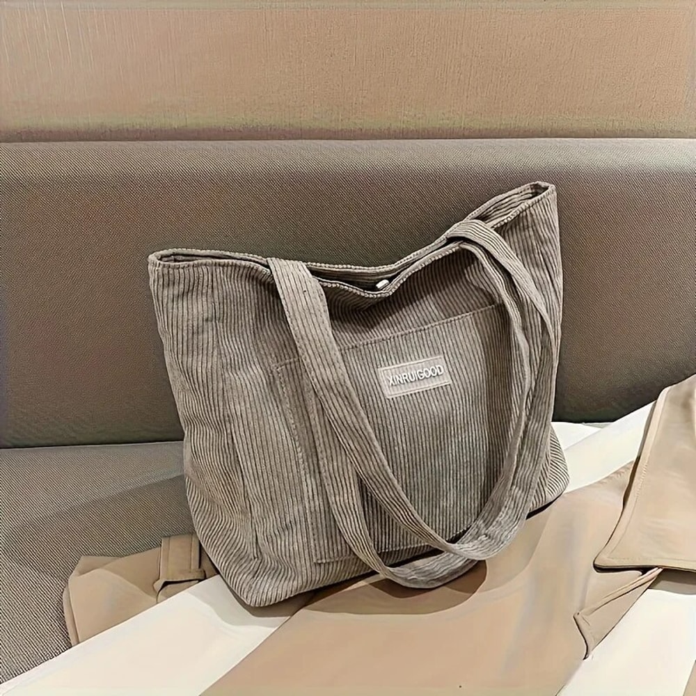 Spacious Corduroy Tote Bag Trendy Shoulder Handbag with Front Pocket for Women