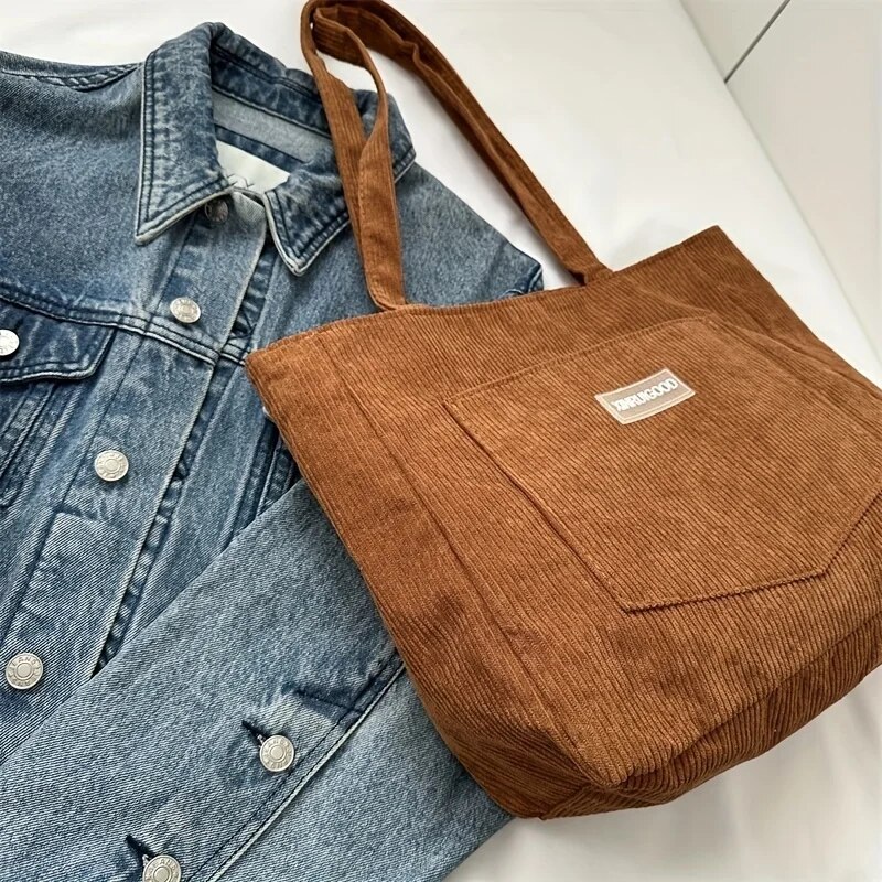 Spacious Corduroy Tote Bag Trendy Shoulder Handbag with Front Pocket for Women