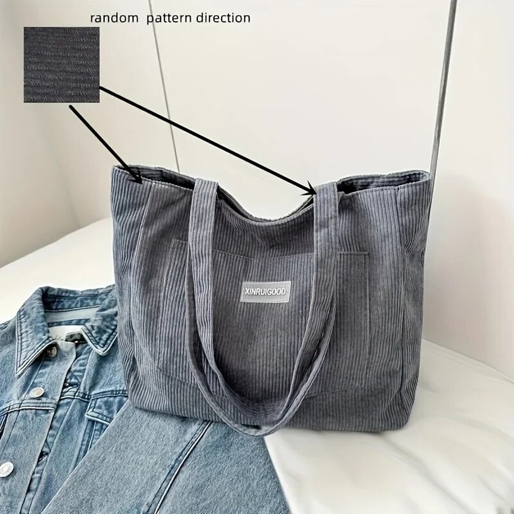 Spacious Corduroy Tote Bag Trendy Shoulder Handbag with Front Pocket for Women