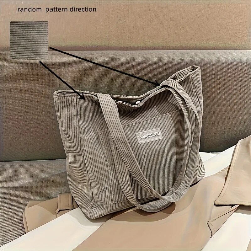 Spacious Corduroy Tote Bag Trendy Shoulder Handbag with Front Pocket for Women