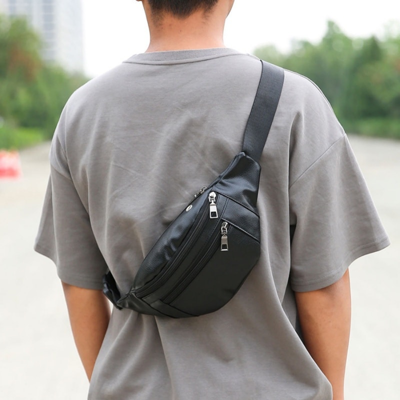 Fashionable PU Leather Mens Chest Pack Shoulder Bag Small Crossbody Messenger Bag 0