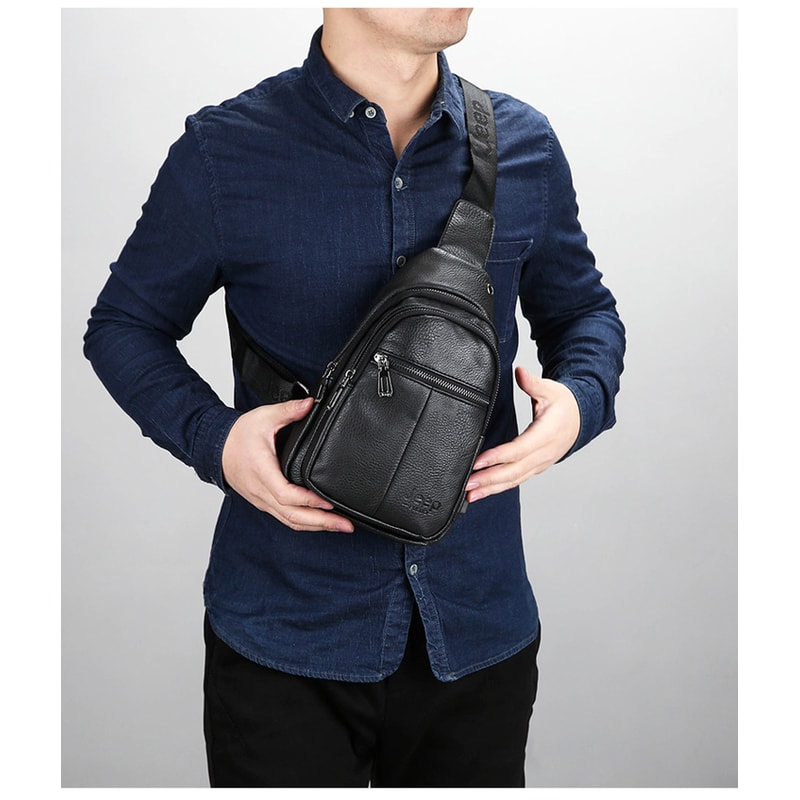 Vintage Mens Leather Crossbody Messenger Bag with USB Charging Big Capacity Chest Pack