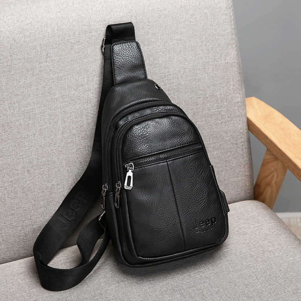 Vintage Mens Leather Crossbody Messenger Bag with USB Charging Big Capacity Chest Pack