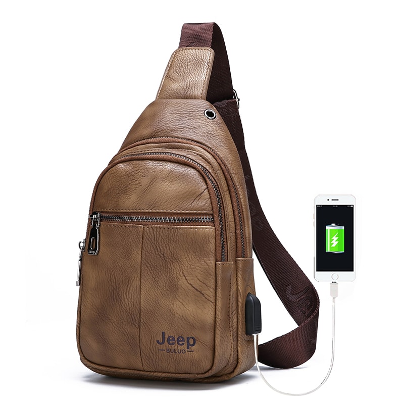 Vintage Mens Leather Crossbody Messenger Bag with USB Charging Big Capacity Chest Pack