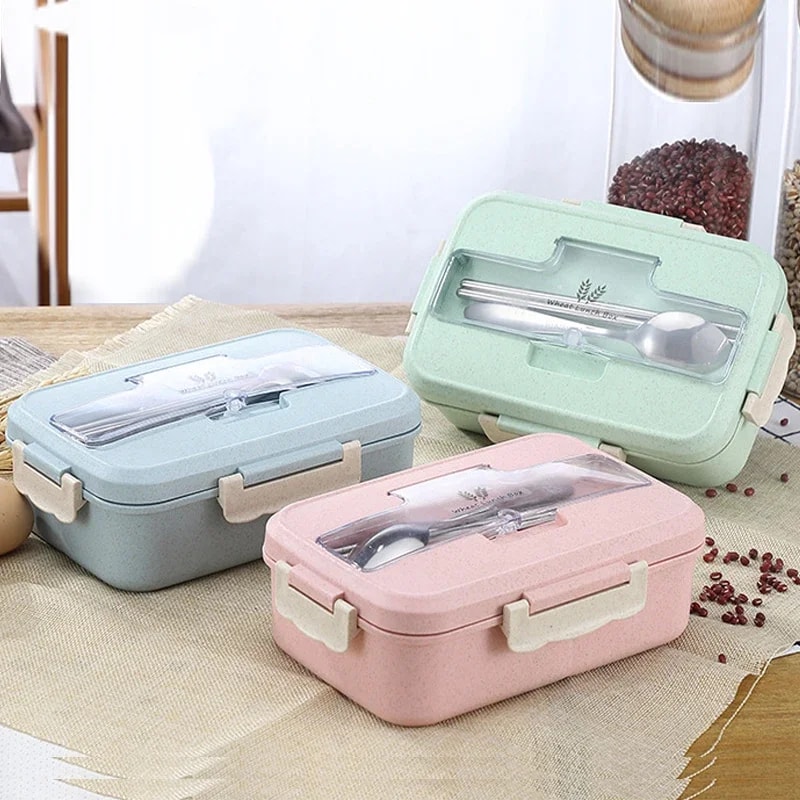 Microwave Lunch Box With Wheat Straw Dinnerware Spoon Chopsticks Food Storage Container 0