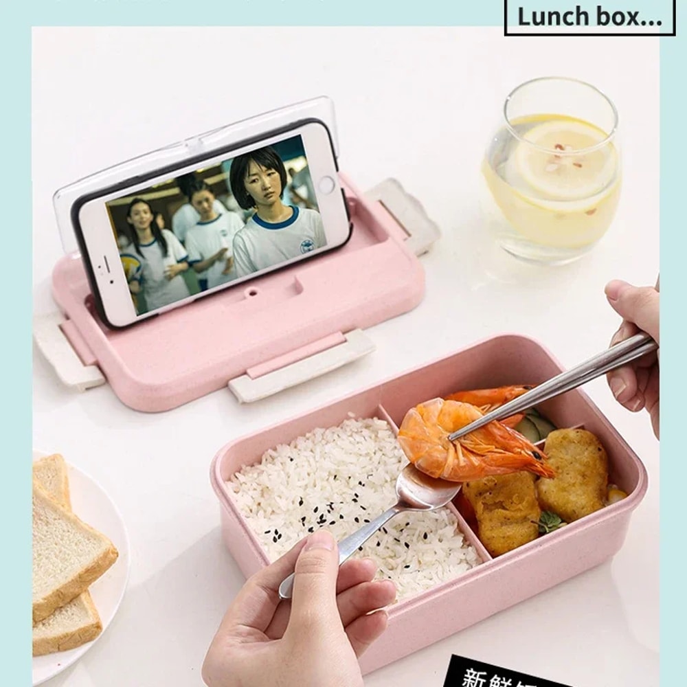 Microwave Lunch Box With Wheat Straw Dinnerware Spoon Chopsticks Food Storage Container 3