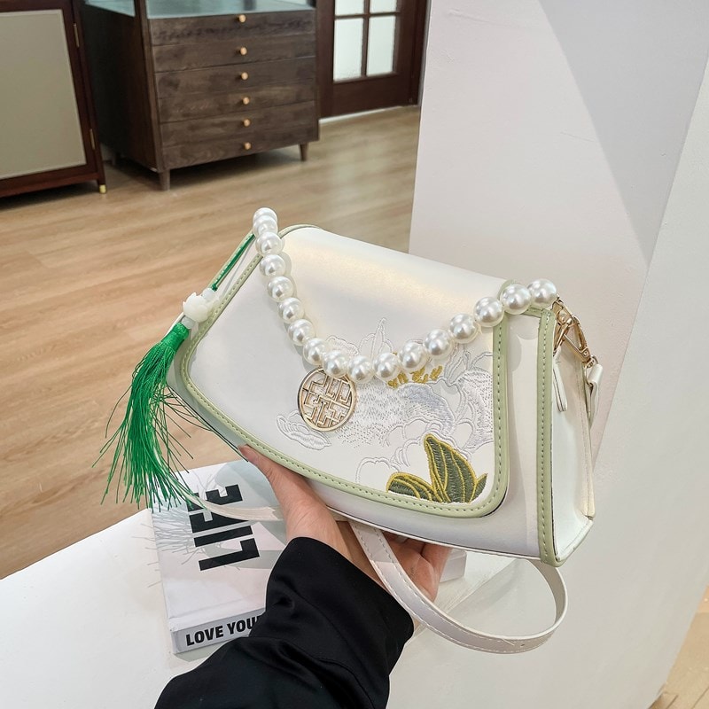 Vintage Embroidered Crossbody Bag With Beaded Detail PU Leather Hanfu Style Shoulder Bag 1