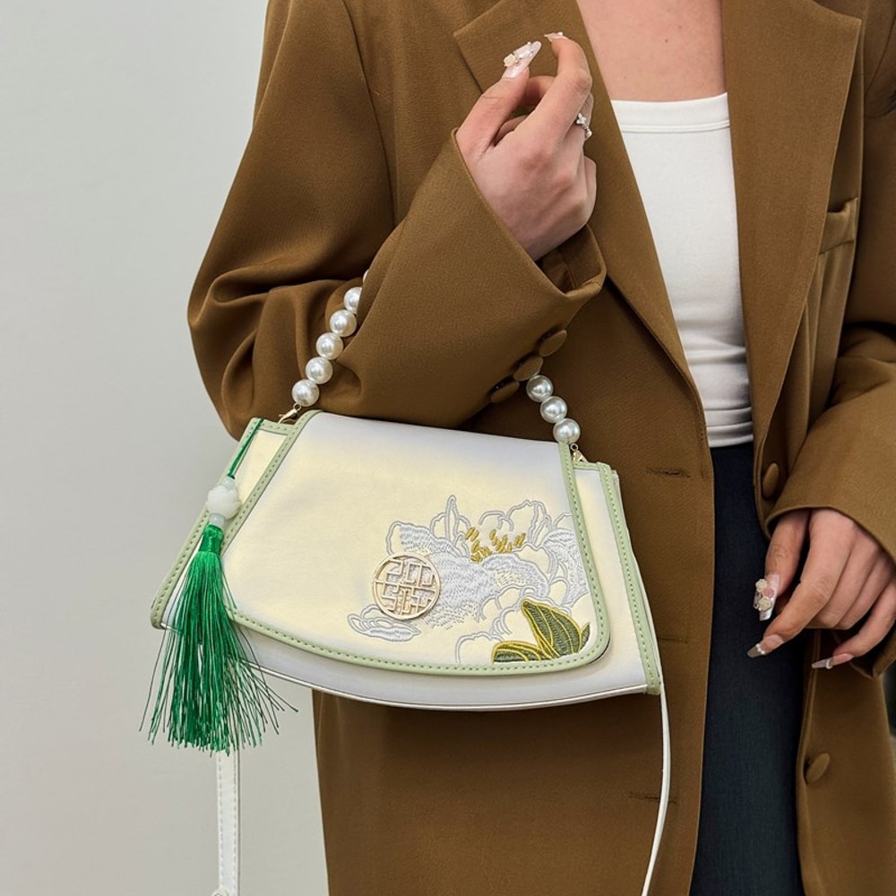 Vintage Embroidered Crossbody Bag With Beaded Detail PU Leather Hanfu Style Shoulder Bag 0