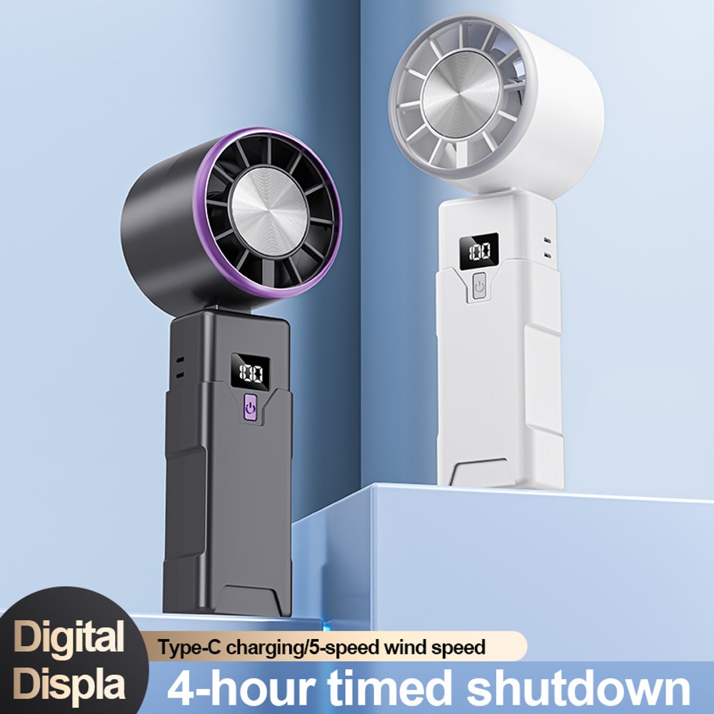 Turbo Handheld Fan with Digital Display USB Rechargeable Foldable & Portable Neck Hanging Mini Fan