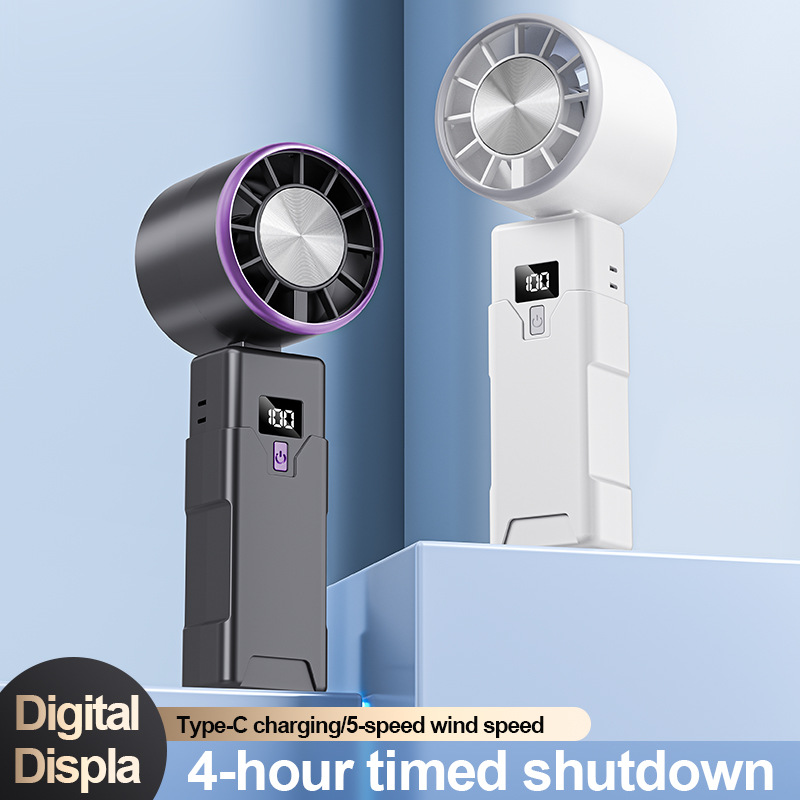 Turbo Handheld Fan with Digital Display USB Rechargeable Foldable & Portable Neck Hanging Mini Fan