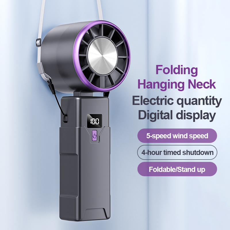 Turbo Handheld Fan with Digital Display USB Rechargeable Foldable & Portable Neck Hanging Mini Fan