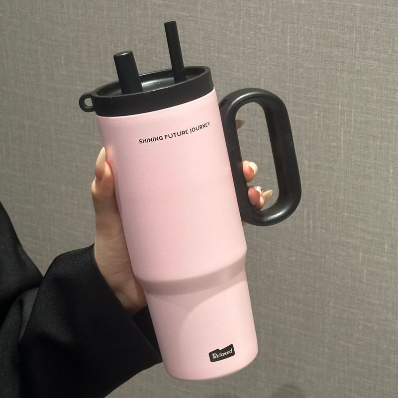 Stainless Steel Insulated Travel Mug With Straw Handle Vacuum Sealed Water Bottle For Ice Coffee 4