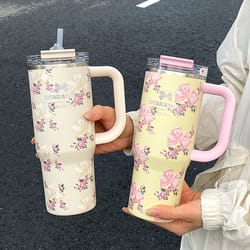floral print stainless steel tumbler with straw vacuum insulated ice cold retention cup