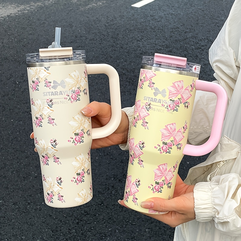Floral Print Stainless Steel Tumbler with Straw Vacuum Insulated Ice Cold Retention Cup