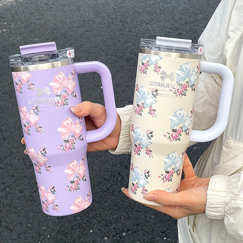 Floral Print Stainless Steel Tumbler with Straw Vacuum Insulated Ice Cold Retention Cup