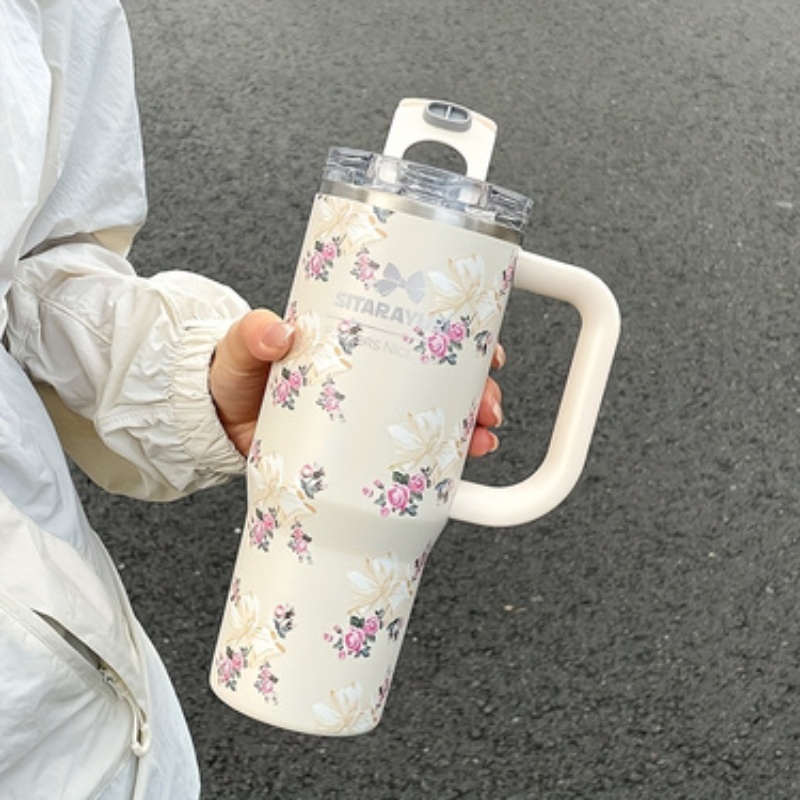 Floral Print Stainless Steel Tumbler with Straw Vacuum Insulated Ice Cold Retention Cup